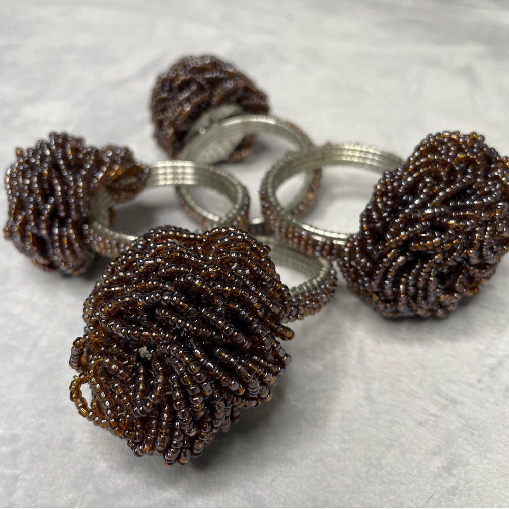 Elegant Beaded Napkin Rings - Brown and Silver